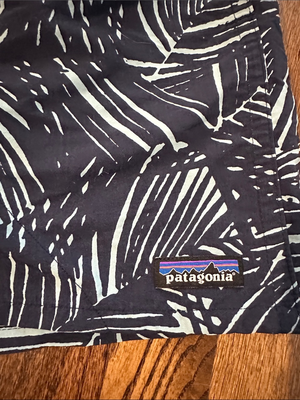 Patagonia Navy swim Shorts with Light Blue Leaf Pattern - Picture 2 of 9